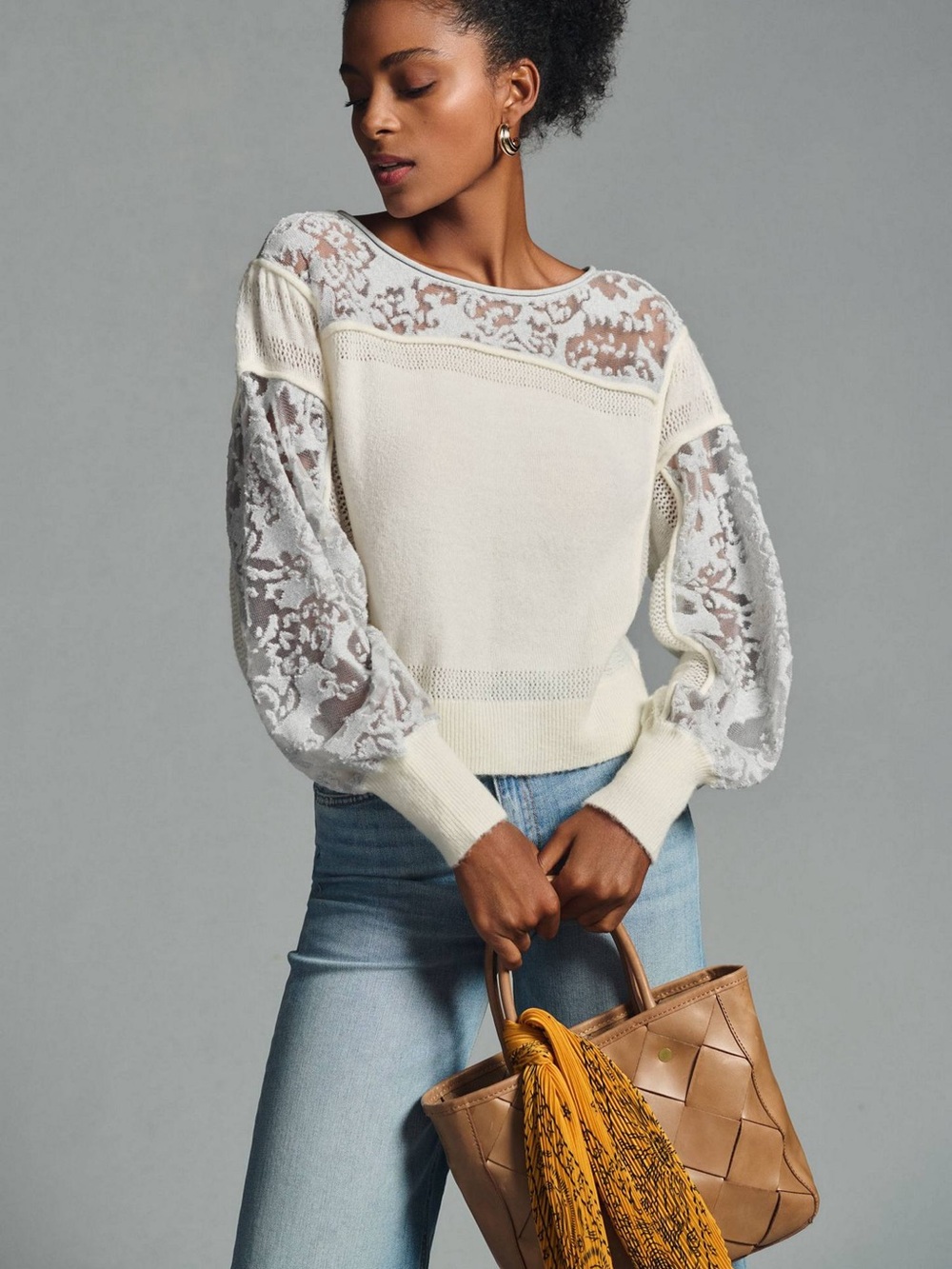 Anthropologie Sheer Balloon-Sleeve Sweater in ivory and gray lace Size XS